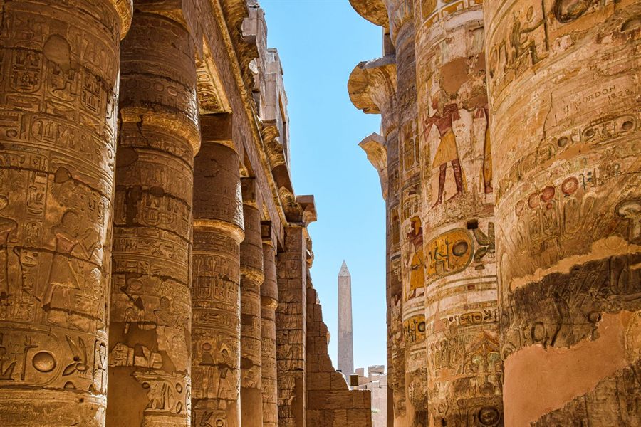 Carved columns of the hypostyle hall at Karnak, Luxor