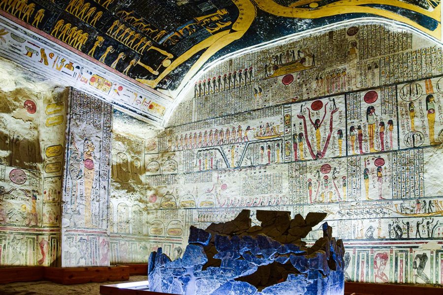 Painted walls and ceiling of a royal tomb in the Valley of the Kings
